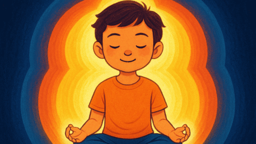 Illustration showing a meditative child with five energy layers representing Panchakosha system