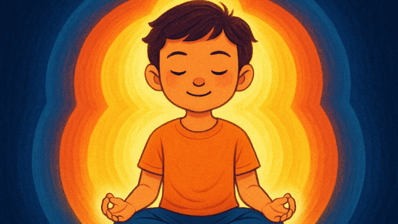 Illustration showing a meditative child with five energy layers representing Panchakosha system