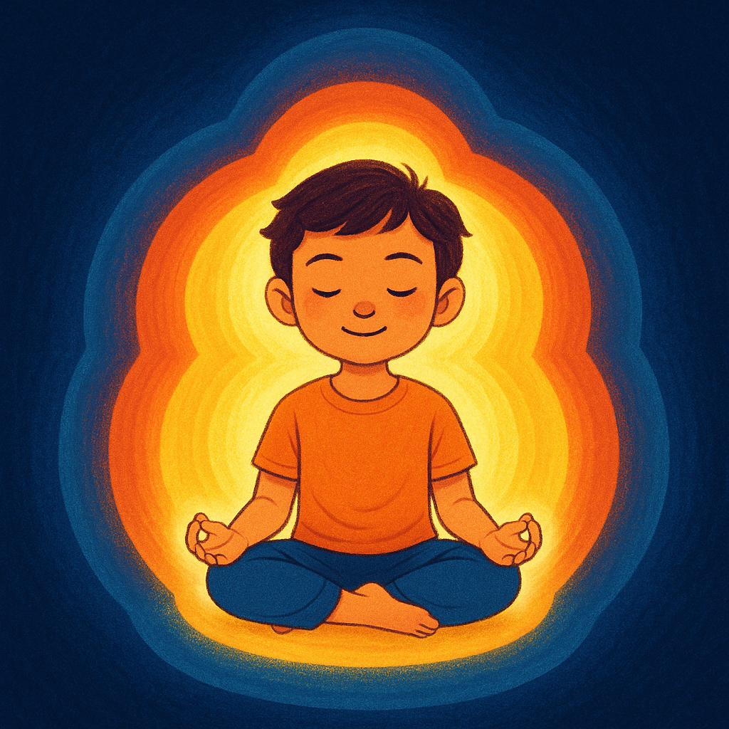 Illustration showing a meditative child with five energy layers representing Panchakosha system